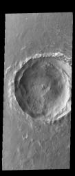 This image captured by NASA's 2001 Mars Odyssey spacecraft shows a relatively young crater located on the northern plains of Arcadia Planitia.
