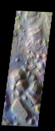 The THEMIS VIS camera contains 5 filters. The data from different filters can be combined in multiple ways to create a false color image. This image from NASA's 2001 Mars Odyssey spacecraft shows part of Iani Chaos.