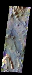 The THEMIS VIS camera contains 5 filters. The data from different filters can be combined in multiple ways to create a false color image. This image from NASA's 2001 Mars Odyssey spacecraft shows part of Aureum Chaos.