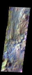 The THEMIS VIS camera contains 5 filters. The data from different filters can be combined in multiple ways to create a false color image. This image from NASA's 2001 Mars Odyssey spacecraft shows the beginning of Ares Vallis at the edge of Iani Chaos.