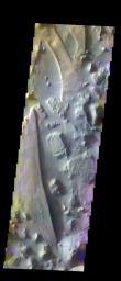 The THEMIS VIS camera contains 5 filters. The data from different filters can be combined in multiple ways to create a false color image. This image from NASA's 2001 Mars Odyssey spacecraft shows part part of Aureum Chaos.