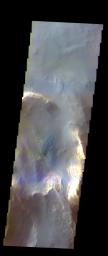 The THEMIS VIS camera contains 5 filters. The data from different filters can be combined in multiple ways to create a false color image. This image from NASA's 2001 Mars Odyssey spacecraft shows part of the floor of Melas Chasma.