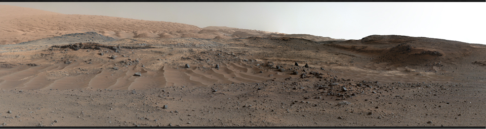 A southward-looking panorama combining images from both cameras of the Mast Camera (Mastcam) instrument on NASA's Curiosity Mars Rover shows diverse geological textures on Mount Sharp.