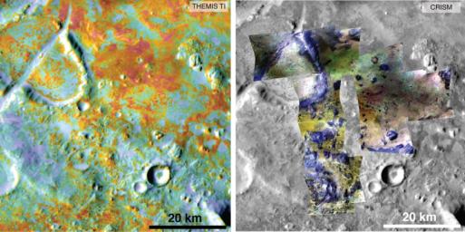 Researchers estimating the amount of carbon held in the ground at the largest known carbonate-containing deposit on Mars utilized data including physical properties from THEMIS (left) and mineral information from CRISM (right).