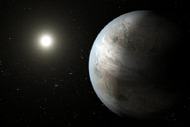 This artist's concept depicts one possible appearance of the planet Kepler-452b, the first near-Earth-size world to be found in the habitable zone of star that is similar to our sun.