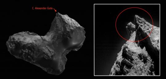Scientists from the European Space Agency's Rosetta team have honored two late team members by naming comet features after them. The comet is 67P/Churyumov-Gerasimenko, where the mission successfully landed a probe.