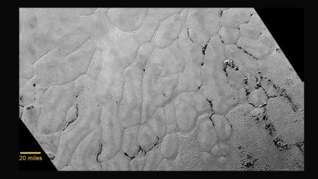 At center left of Pluto's vast heart-shaped feature ('Tombaugh Regio') lies a vast, craterless plain that appears to be no more than 100 million years old, and is possibly still being shaped by geologic processes as seen by NASA's New Horizons spacecraft.