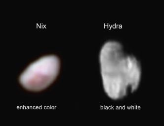 NASA's New Horizons spacecraft captured these images of Pluto's moon Nix which shows a reddish spot that has attracted the interest of the mission scientists (left), and the small, irregularly shaped moon Hydra (right).