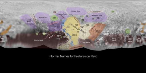 This image contains the initial, informal names being used by NASA's New Horizons team for the features and regions on the surface of Pluto. These names have not yet been approved by the International Astronomical Union (IAU).