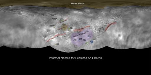 This image contains the initial, informal names being used by NASA's New Horizons team for the features and regions on the surface of Pluto's largest moon, Charon. These names have not yet been approved by the International Astronomical Union (IAU).