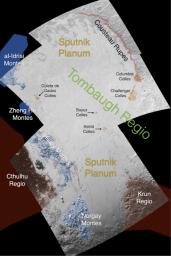This image contains the initial, informal names being used by the New Horizons team for the features on Pluto's Sputnik Planum (plain). These names have not yet been approved by the International Astronomical Union (IAU).