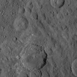 This image, taken by NASA's Dawn spacecraft, shows a portion of Ceres at mid-latitudes from an altitude of 915 miles (1,470 kilometers). The image, with a resolution of 450 feet (140 meters) per pixel, was taken on August 21, 2015.