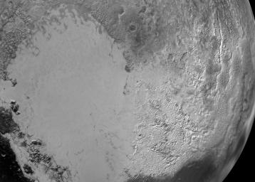 Sputnik Planum is the informal name of the smooth, light-bulb shaped region on the left of this composite of several of NASA's New Horizons images of Pluto.