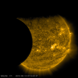 On Sept. 13, 2015, as NASA's Solar Dynamics Observatory, or SDO, kept up its constant watch on the sun. Just as the moon came into SDO's field of view on a path to cross the sun, Earth entered the picture, blocking SDO's view completely.