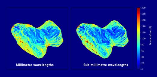 Subsurface temperature maps of 67P/Churyumov-Gerasimenko, showing the southern hemisphere of the comet. The maps are based on observations obtained with ESA's MIRO instrument.