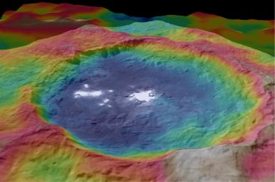 These views, made using images taken by NASA's Dawn spacecraft, are color-coded topographic maps of Occator crater on Ceres. Blue is the lowest elevation, and brown is the highest.