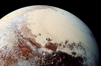 This high-resolution image captured by NASA's New Horizons spacecraft shows the bright expanse of Pluto's western lobe of the 'heart,' informally called Sputnik Planum.