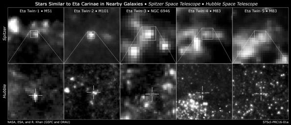 Researchers found likely twins of the giant, erupting star Eta Carinae by comparing infrared images from NASA's Spitzer Space Telescope (top) and NASA's Hubble Space Telescope.