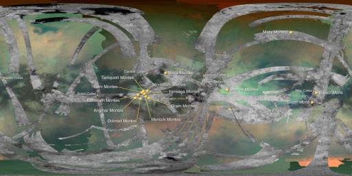 This map of Saturn's moon Titan identifies the locations of mountains that have been named by the International Astronomical Union.