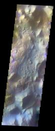 The THEMIS VIS camera contains 5 filters. The data from different filters can be combined in multiple ways to create a false color image. This image from NASA's 2001 Mars Odyssey spacecraft shows part of Iani Chaos.