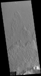 This image captured by NASA's 2001 Mars Odyssey spacecraft show part of the ejecta of Bacolor Crater. The ejecta is layered and grooved, all radial to the crater itself. Bacolor Crater is located in Utopia Planitia.