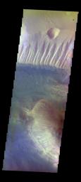 The THEMIS VIS camera contains 5 filters. Data from different filters can be combined in multiple ways to create a false color image. This image captured by NASA's 2001 Mars Odyssey spacecraft shows part of Candor Chasma.