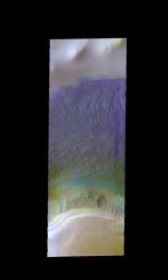 The THEMIS VIS camera contains 5 filters. Data from the filters can be combined in many ways to create a false color image. This image from NASA's 2001 Mars Odyssey spacecraft shows the region just west of the dune/polar cap image from earlier this week.