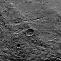Part of the southern hemisphere on dwarf planet Ceres is seen in this image taken by NASA's Dawn spacecraft. This left side of the image shows the eastern rim of Urvara crater.
