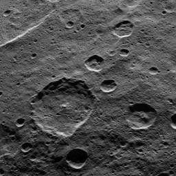 Part of the southern hemisphere on dwarf planet Ceres is seen in this image taken by NASA's Dawn spacecraft. Hamori crater, named after a Japanese god and protector of tree leaves, is the large crater near the center of the image.