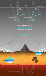 This graphic depicts paths by which carbon has been exchanged among Martian interior, surface rocks, polar caps, waters and atmosphere, and also depicts a mechanism by which it is lost from the atmosphere with a strong effect on isotope ratio.