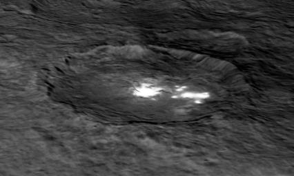 This image from NASA's Dawn spacecraft shows Occator Crater draped over a digital terrain model provides a 3-D-like perspective view of the impact structure.