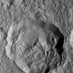 This view of the Cerean crater Victa was captured by NASA's Dawn spacecraft on Dec. 19, 2015. The steep-walled crater is approximately 19 miles (30 kilometers) in diameter, and was named for the Roman goddess of food and nourishment.