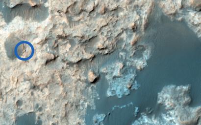 This image acquired by NASA's Mars Reconnaissance Orbiter spacecraft in September, shows Curiosity as it was exploring the boundary between two rock units: the light-toned Murray Formation and the overlying and darker-toned Stimson unit.