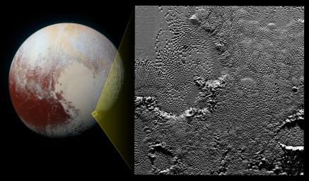 On July 14, 2015, the telescopic camera on NASA's New Horizons spacecraft took the highest resolution images ever obtained of the intricate pattern of 'pits' across a section of Pluto's prominent heart-shaped region, informally named Tombaugh Regio.
