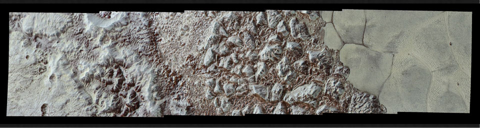 This image from NASA's New Horizons forms a strip trending from the edge of 'badlands' northwest of Sputnik Planum, across the al-Idrisi mountains, onto the shoreline of Pluto's 'heart' feature, and just into its icy plains.
