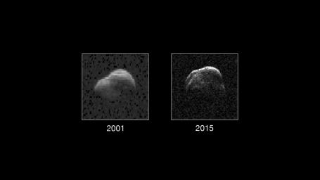 Asteroid 1998 WT24 (left in December 2001, right on December 11, 2015) taken by NASA's the 230-foot (70-meter) DSS-14 antenna at Goldstone, California.