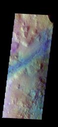 The THEMIS VIS camera contains 5 filters. The data from different filters can be combined in multiple ways to create a false color image. This image captured by NASA's 2001 Mars Odyssey spacecraft shows part of Nili Fossae.