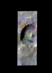 The THEMIS camera contains 5 filters. The data from different filters can be combined in multiple ways to create a false color image. This image captured by NASA's 2001 Mars Odyssey spacecraft shows an unnamed crater in Noachis Terra.