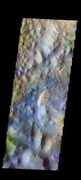 The THEMIS camera contains 5 filters. The data from different filters can be combined in multiple ways to create a false color image. This image captured by NASA's 2001 Mars Odyssey spacecraft shows part of Iani Chaos.