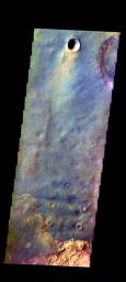 The THEMIS camera contains 5 filters. The data from different filters can be combined in multiple ways to create a false color image. This image captured by NASA's 2001 Mars Odyssey spacecraft shows part of the plains of Arabia Terra.
