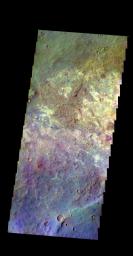The THEMIS camera contains 5 filters. The data from different filters can be combined in multiple ways to create a false color image. This image from NASA's 2001 Mars Odyssey spacecraft shows a variety of surface materials in the plains of Sabaea Terra.