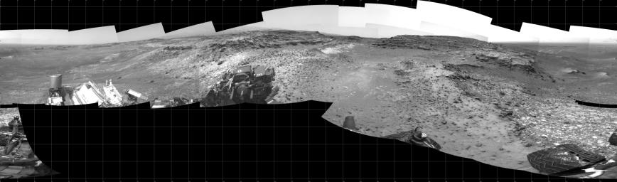 This 360-degree panorama shows the 'Marias Pass' area, at center, and part of the slope that NASA's Curiosity Mars rover climbed to get there, at right.