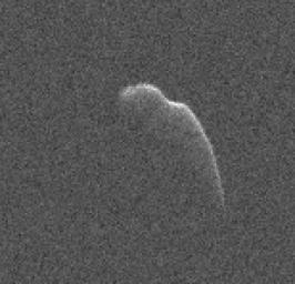 This image of an asteroid that is at least 3,600 feet (1,100 meters) long was taken on Dec. 17, 2015, by scientists using NASA's 230-foot Deep Space Network antenna at Goldstone, California.