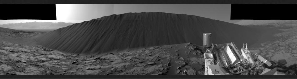 This view from NASA's Curiosity Mars Rover, taken on Dec. 17, 2015, shows the downwind side of a dune about 13 feet high within the Bagnold Dunes field on Mars. As on Earth, the downwind side of an active sand dune has a steep slope called a slip face.