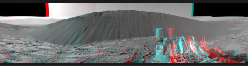 This stereo view from NASA's Curiosity Mars Rover, taken on Dec. 17, 2015, shows the downwind side of a dune about 13 feet high within the Bagnold Dunes on Mars. You need 3-D glasses to view this image.