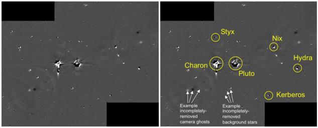 This illustration shows some of the final images used to determine that the coast was clear for NASA's New Horizons' flight through the Pluto system.