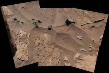 Patches of Martian sandstone visible in this view from NASA's Curiosity Mars rover have a knobbly texture due to nodules apparently more resistant to erosion than the host rock in which some are still embedded.