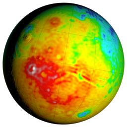 This Mars map shows variations in thickness of the planet's crust, the relatively thin surface layer over the interior mantle of the planet. It shows unprecedented detail derived from new mapping of variations in Mars' gravitational pull on orbiters.