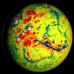 This map shows local variations in Mars' gravitational pull on orbiters, presenting unprecedented detail based on several years of data from tracking three of NASA's Mars orbiters.