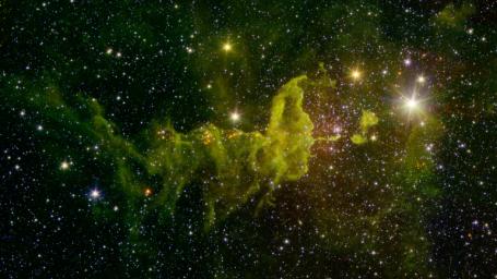 The spider part of 'The Spider and the Fly' nebulae, IC 417 abounds in star formation, as seen in this infrared image from NASA's Spitzer Space Telescope and the Two Micron All Sky Survey (2MASS).
